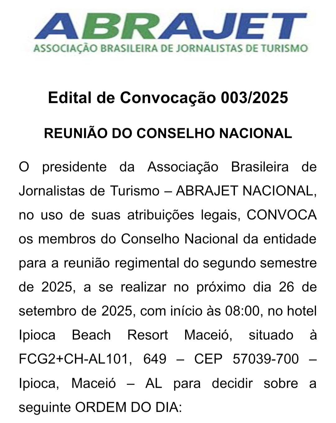 Edital de Convocação 003/2025 do conselho nacional da ABRAJET 