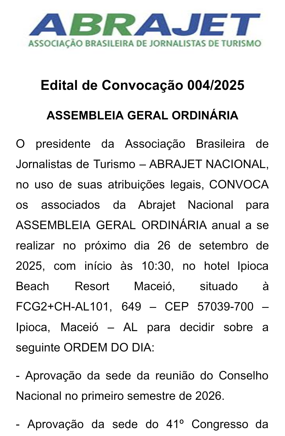 You are currently viewing Edital de Convocação Assembleia Geral ABRAJET Maceió